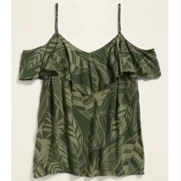 Old Navy Cold Shoulder Top Green Palm Leaf Print - Picture 1 of 11